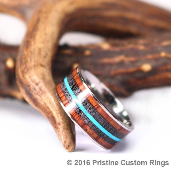 Silver Titanium Ring - Exotic Koa Wood Turquoise - Rings By Pristine