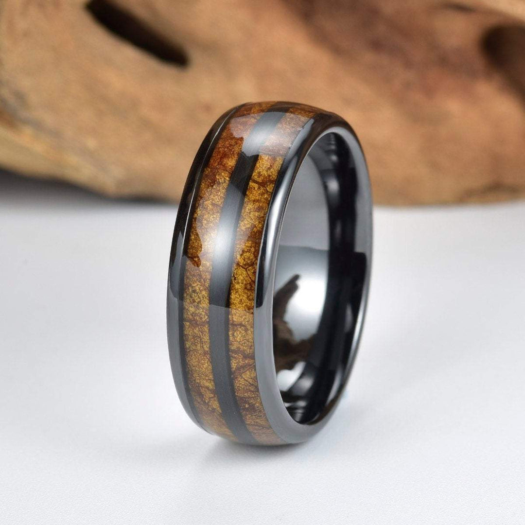 Tobacco Leaf Mens Wedding Band Black Ceramic Wedding Ring Mens Ring - Rings By Pristine