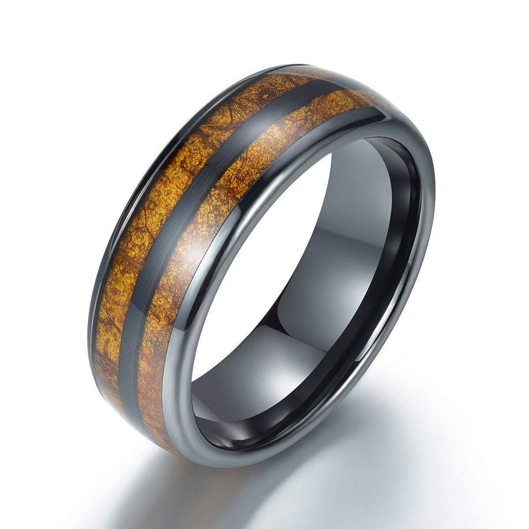 Tobacco Leaf Mens Wedding Band Black Ceramic Wedding Ring Mens Ring - Rings By Pristine