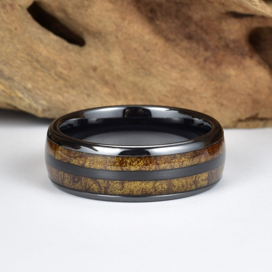 Tobacco Leaf Mens Wedding Band Black Ceramic Wedding Ring Mens Ring - Rings By Pristine