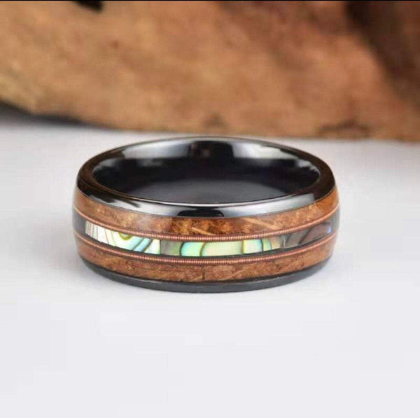 Kingwood & Olive Wood Ring With Abalone Guitar Strings, Wooden