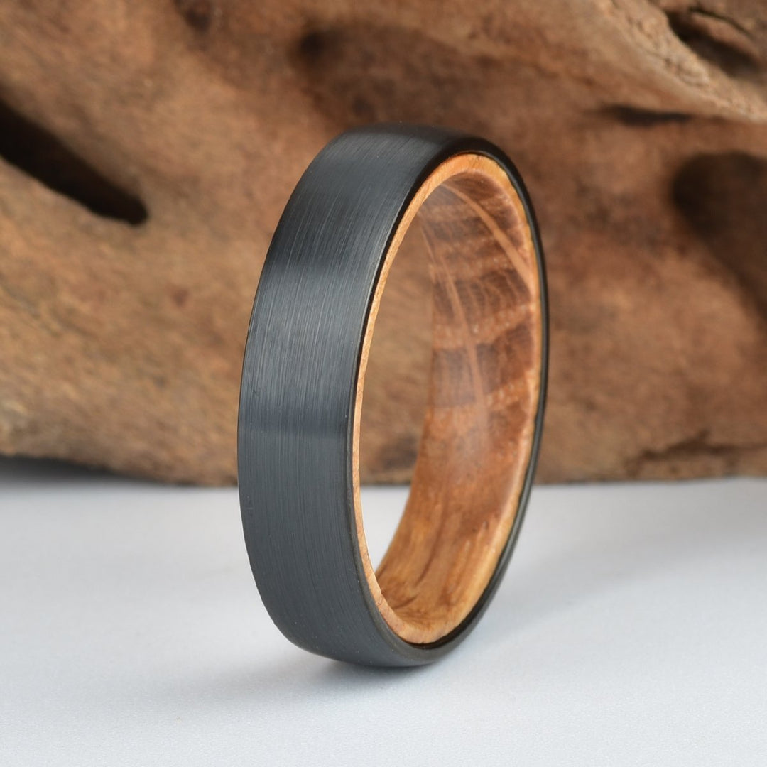 Whisky Barrel Oak Black Tungsten Men's Wedding Band 5MM-8MM - Rings By Pristine