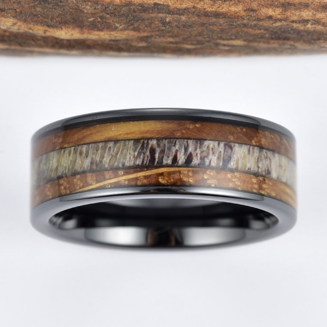 Whiskey Barrel Wood Antler Black Ceramic Ring Men's Wedding Band 8MM - Rings By Pristine