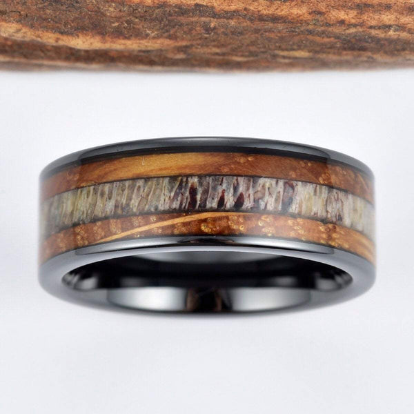 Whisky Barrel Wood Antler Black Ceramic Ring Mens Wedding Band Antler