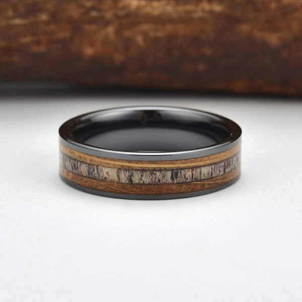 Whisky Barrel Wood Antler Black Ceramic Ring Mens Wedding Band Antler