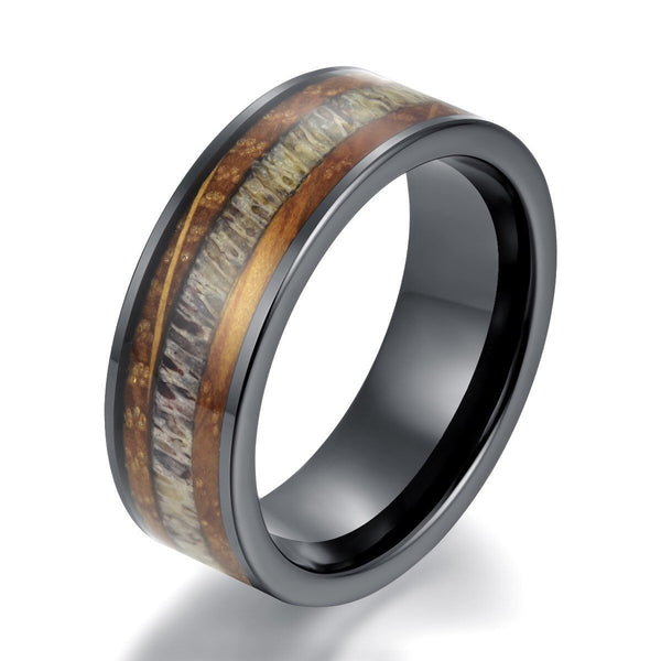 Whisky Barrel Wood Antler Black Ceramic Ring Mens Wedding Band Antler