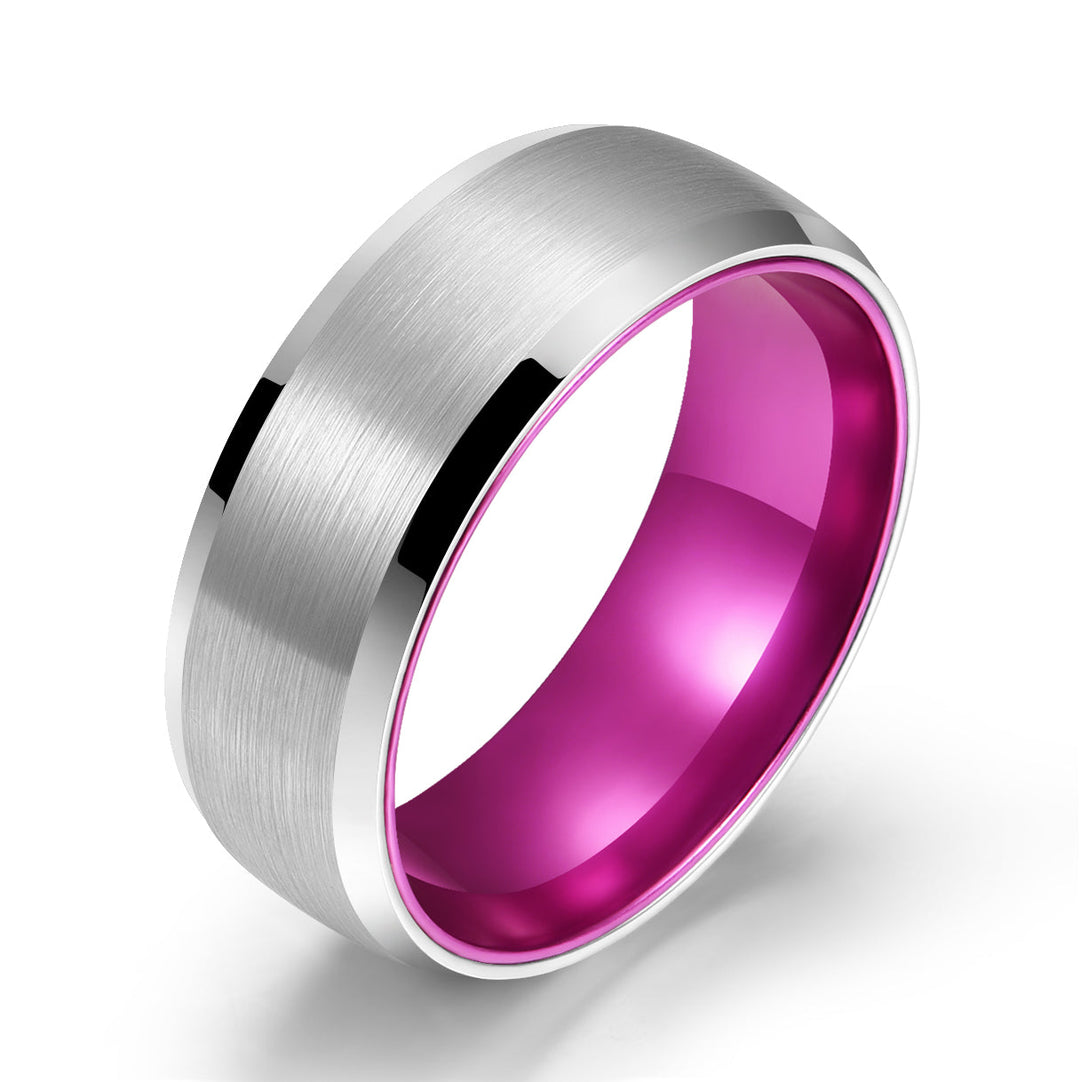 Pristine Passion Fuchsia Interior Silver Tungsten Wedding Band 8MM - Rings By Pristine