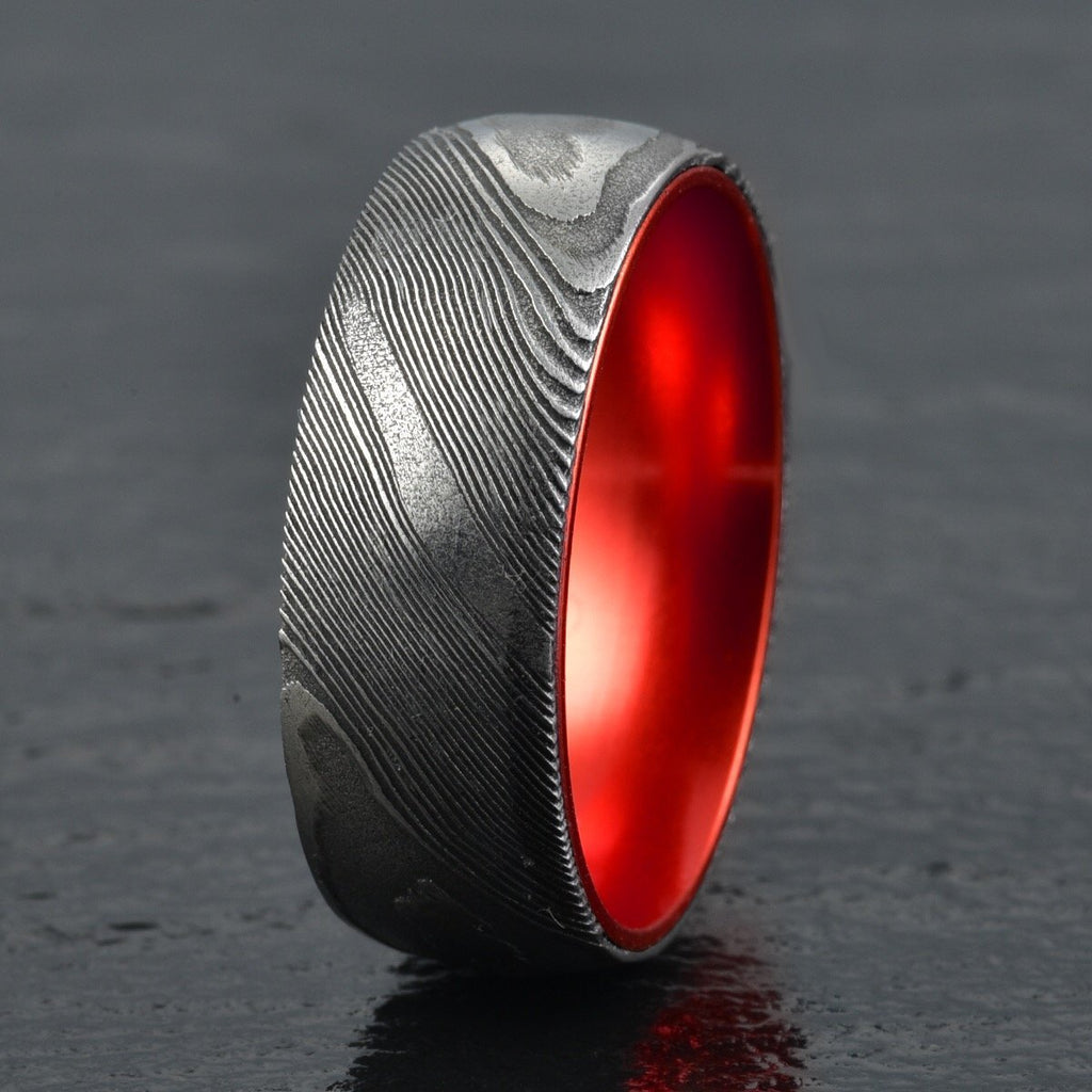 Wood Grained Damascus Ring Red Anodized Aluminum Interior - Rings By Pristine 
