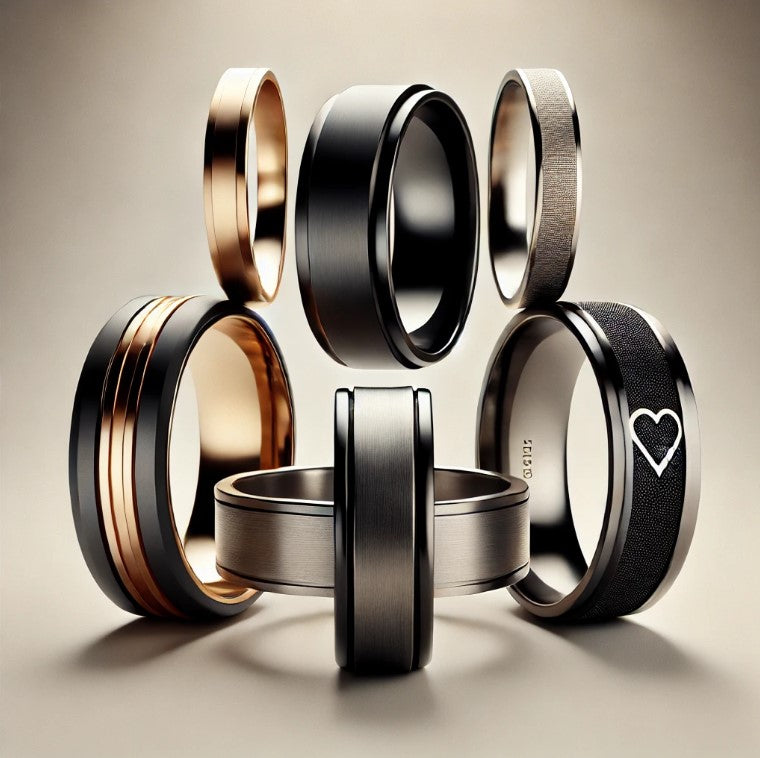 A collection of seven modern men's wedding bands in various metallic finishes, including black, silver, and gold. One trendy ring features a heart design.