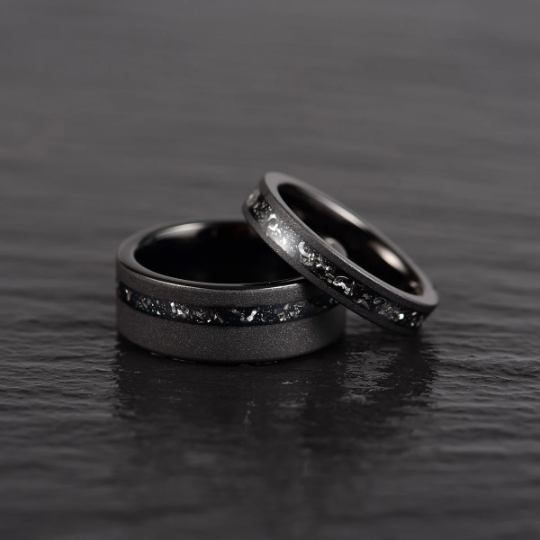 Black Meteorite Ring - Sandblasted Tungsten Crushed Meteorite 8MM, 4MM