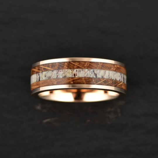 Rustic Rose Ring - Rose Tungsten Whiskey Barrel Antler Men's Wedding Band 8MM