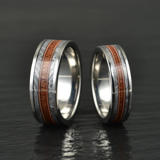 The Spartan Ring - Tungsten Meteorite Whiskey Barrel Guitar String Women's Wedding Band 6MM