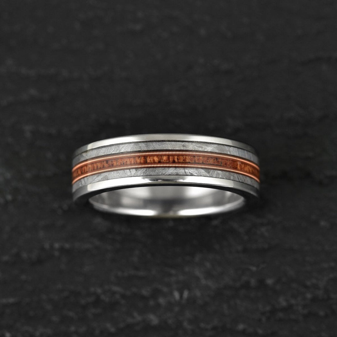 The Spartan Ring - Tungsten Meteorite Whiskey Barrel Guitar String Women's Wedding Band 6MM