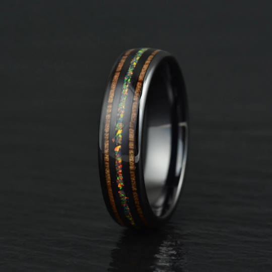 The Opalescence Ring - Opal Koa Wood Black Ceramic Men's Wedding Band 8MM