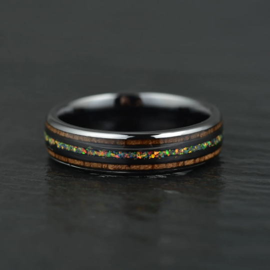 The Opalescence Ring - Opal Koa Wood Black Ceramic Men's Wedding Band 8MM