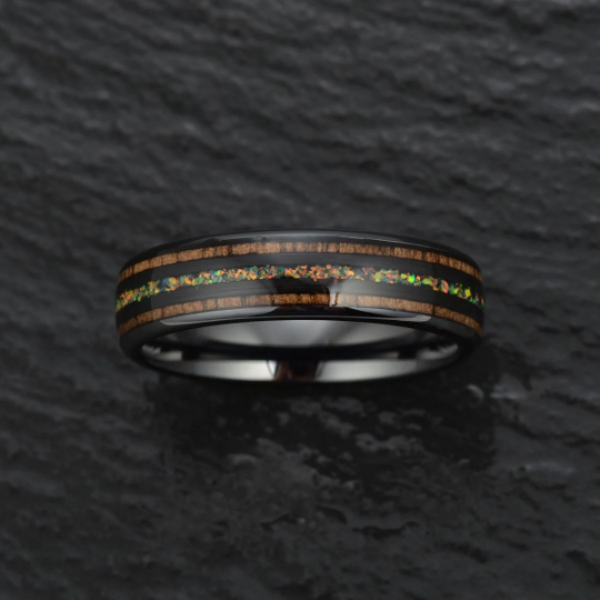 The Opalescence Ring - Opal Koa Wood Black Ceramic Men's Wedding Band 8MM