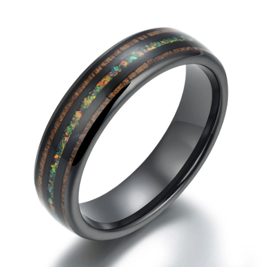 The Opalescence Ring - Opal Koa Wood Black Ceramic Men's Wedding Band 8MM