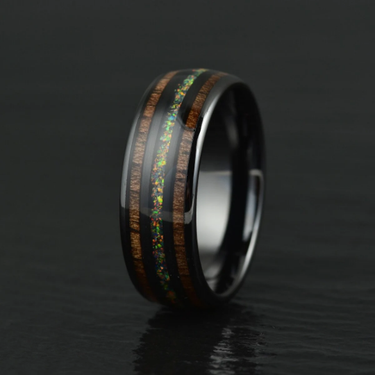 The Opalescence Ring - Opal Koa Wood Black Ceramic Men's Wedding Band 6MM