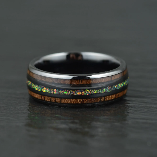 The Opalescence Ring - Opal Koa Wood Black Ceramic Men's Wedding Band 6MM