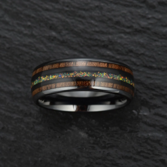 The Opalescence Ring - Opal Koa Wood Black Ceramic Men's Wedding Band 6MM