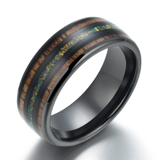 The Opalescence Ring - Opal Koa Wood Black Ceramic Men's Wedding Band 6MM