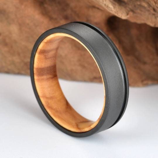 Olive Wood Black Titanium Wedding Band 8MM