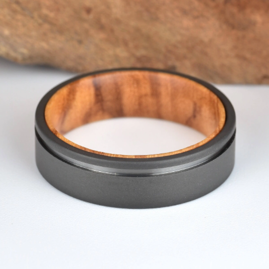 Olive Wood Black Titanium Wedding Band 8MM