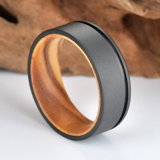 Olive Wood Black Titanium Men's Wedding Band 6MM