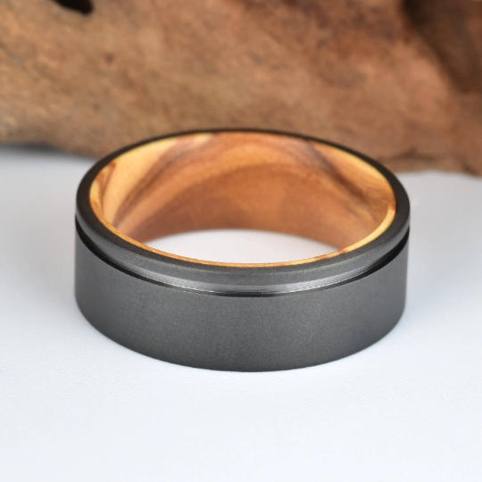 Olive Wood Black Titanium Women's Wedding Band 4MM