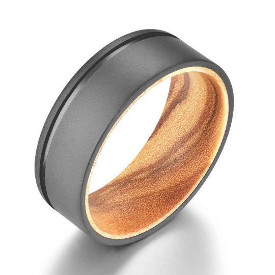 Olive Wood Black Titanium Men's Wedding Band 6MM