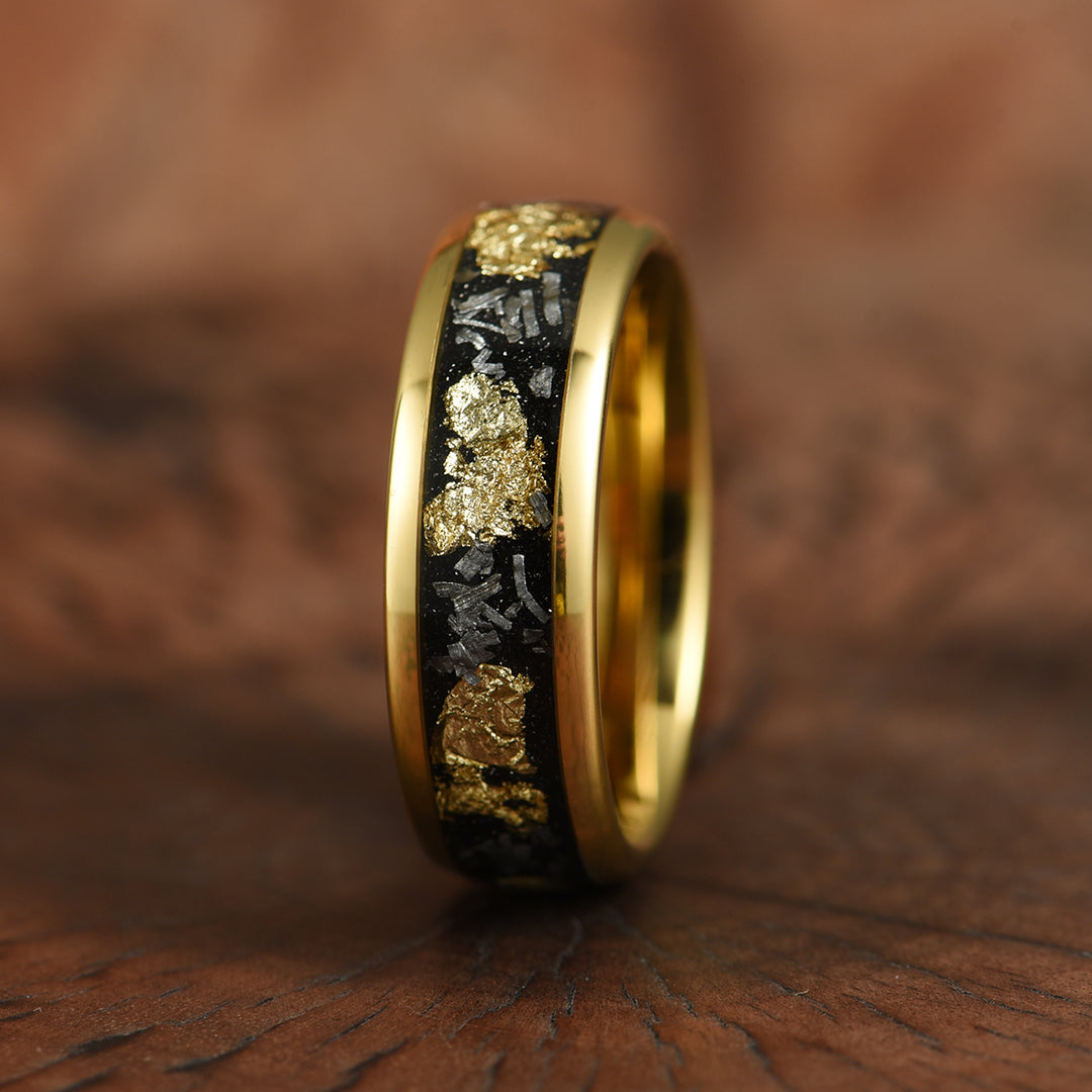 Yellow Tungsten Crushed Meteorite Gold Flake Wedding Band