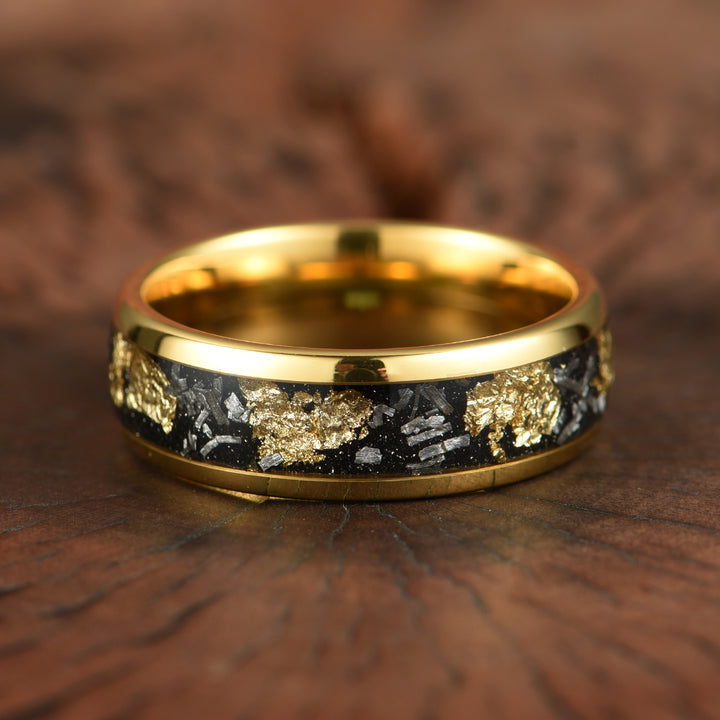 Yellow Tungsten Crushed Meteorite Gold Flake Wedding Band