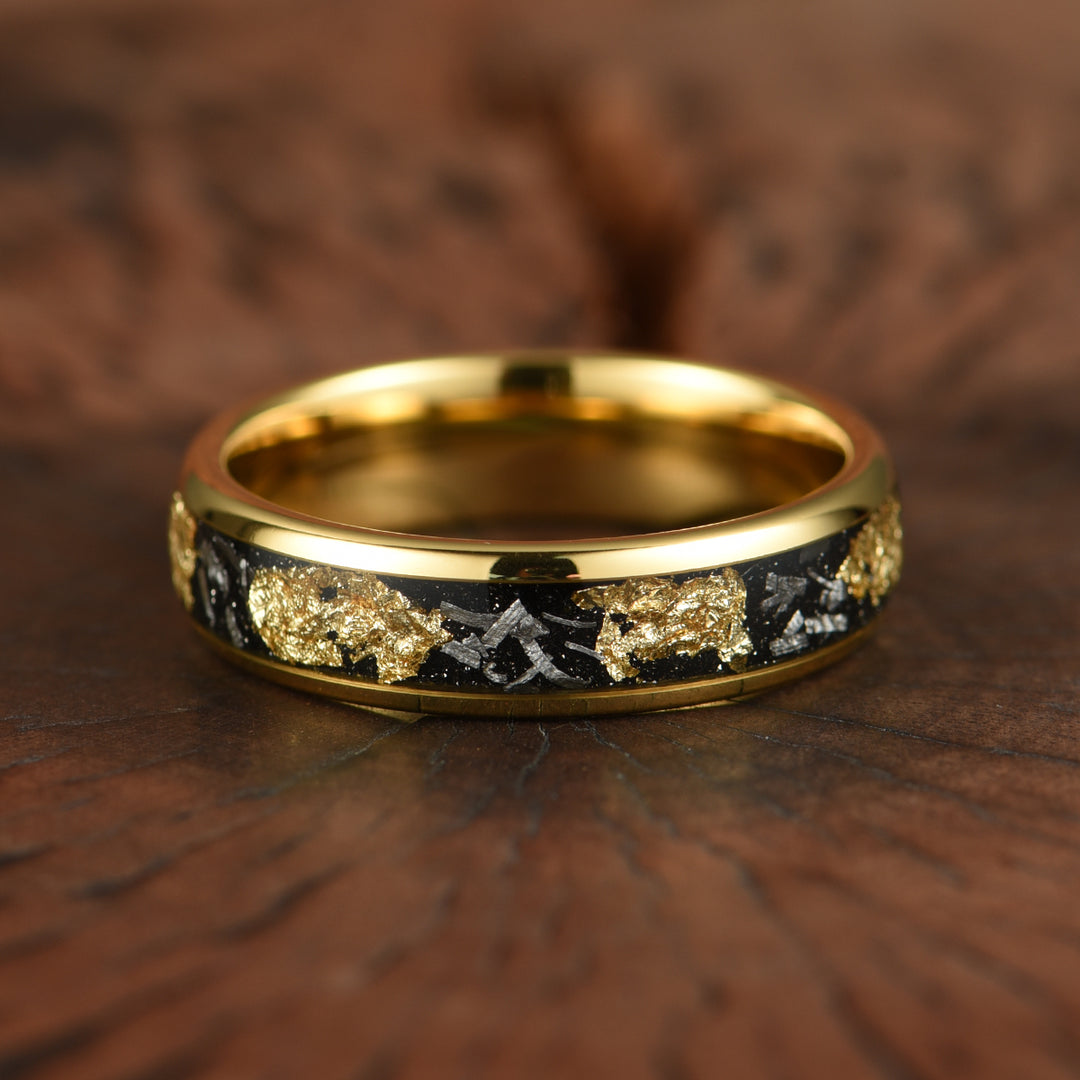 Yellow Tungsten Crushed Meteorite Gold Flake Wedding Band