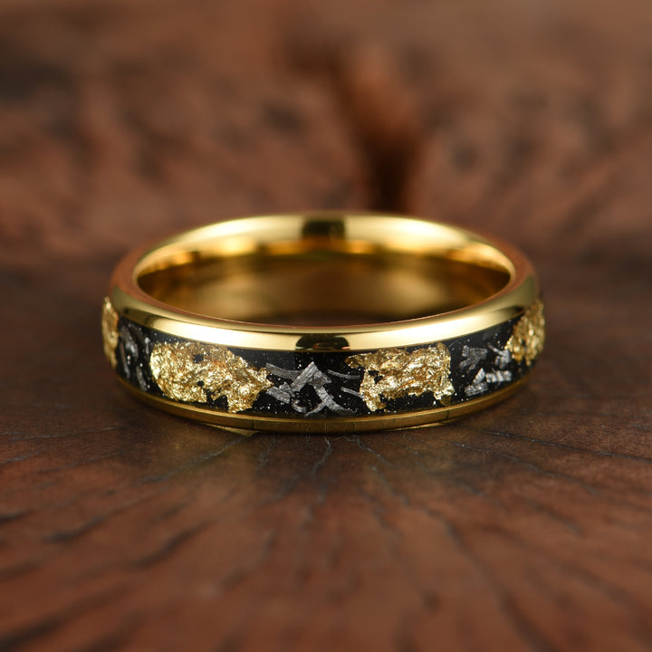 Yellow Tungsten Crushed Meteorite Gold Flake Wedding Band