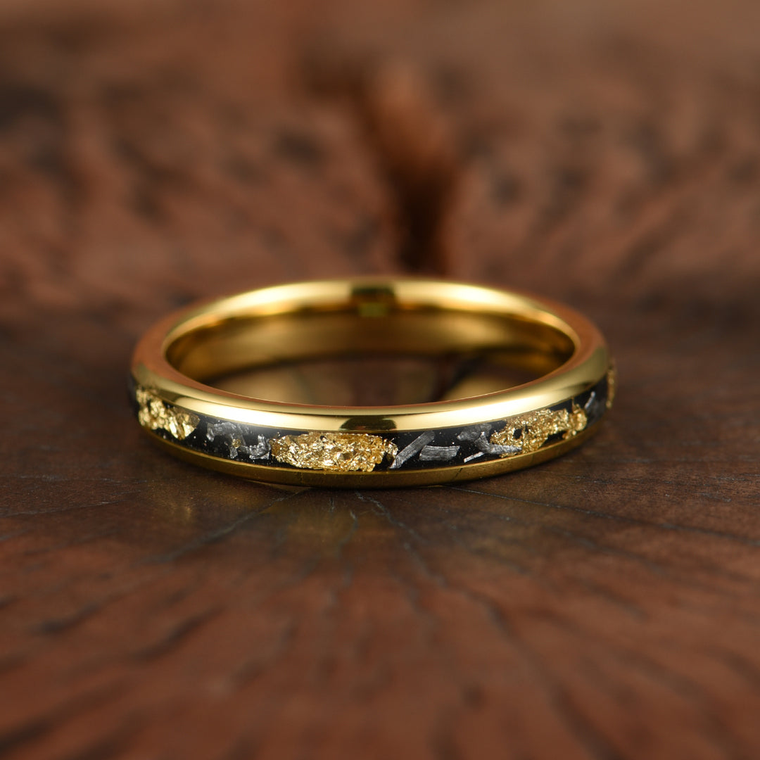 Yellow Tungsten Crushed Meteorite Gold Flake Wedding Band