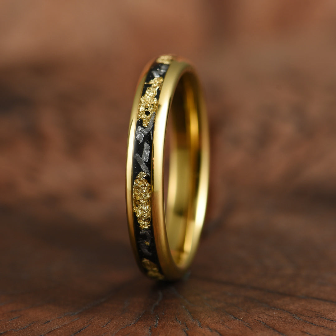 Yellow Tungsten Crushed Meteorite Gold Flake Wedding Band