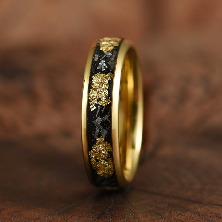 Yellow Tungsten Crushed Meteorite Gold Flake Wedding Band