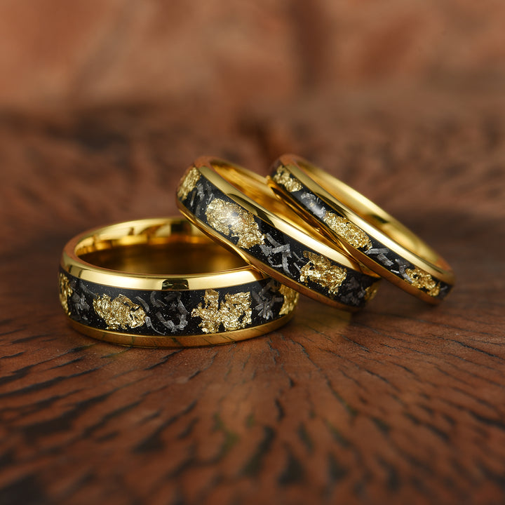 Yellow Tungsten Crushed Meteorite Gold Flake Wedding Band