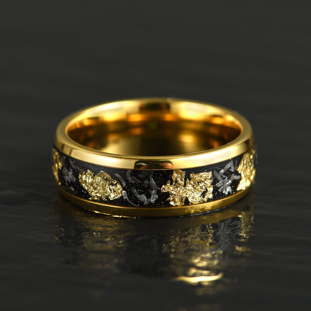 Yellow Tungsten Crushed Meteorite Gold Flake Wedding Band