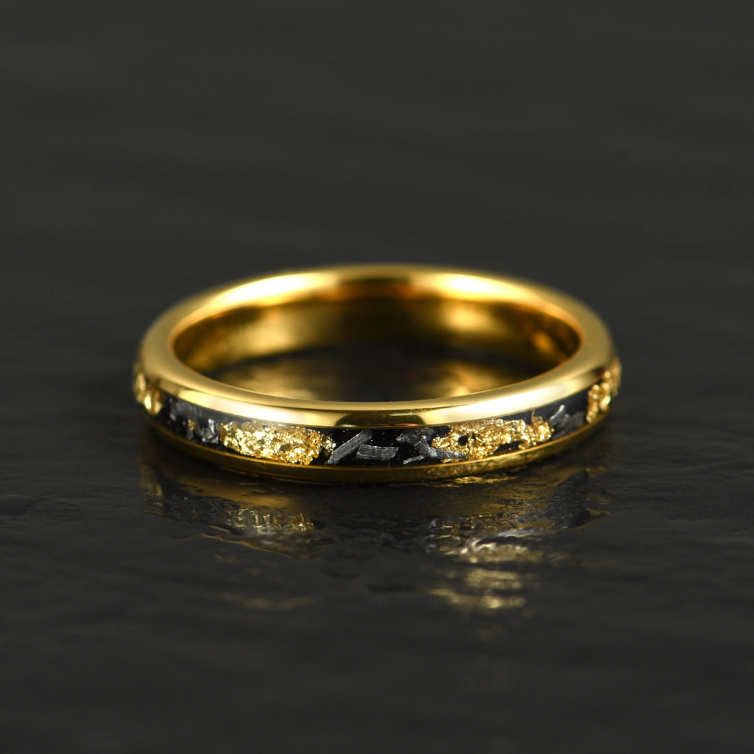 Yellow Tungsten Crushed Meteorite Gold Flake Wedding Band