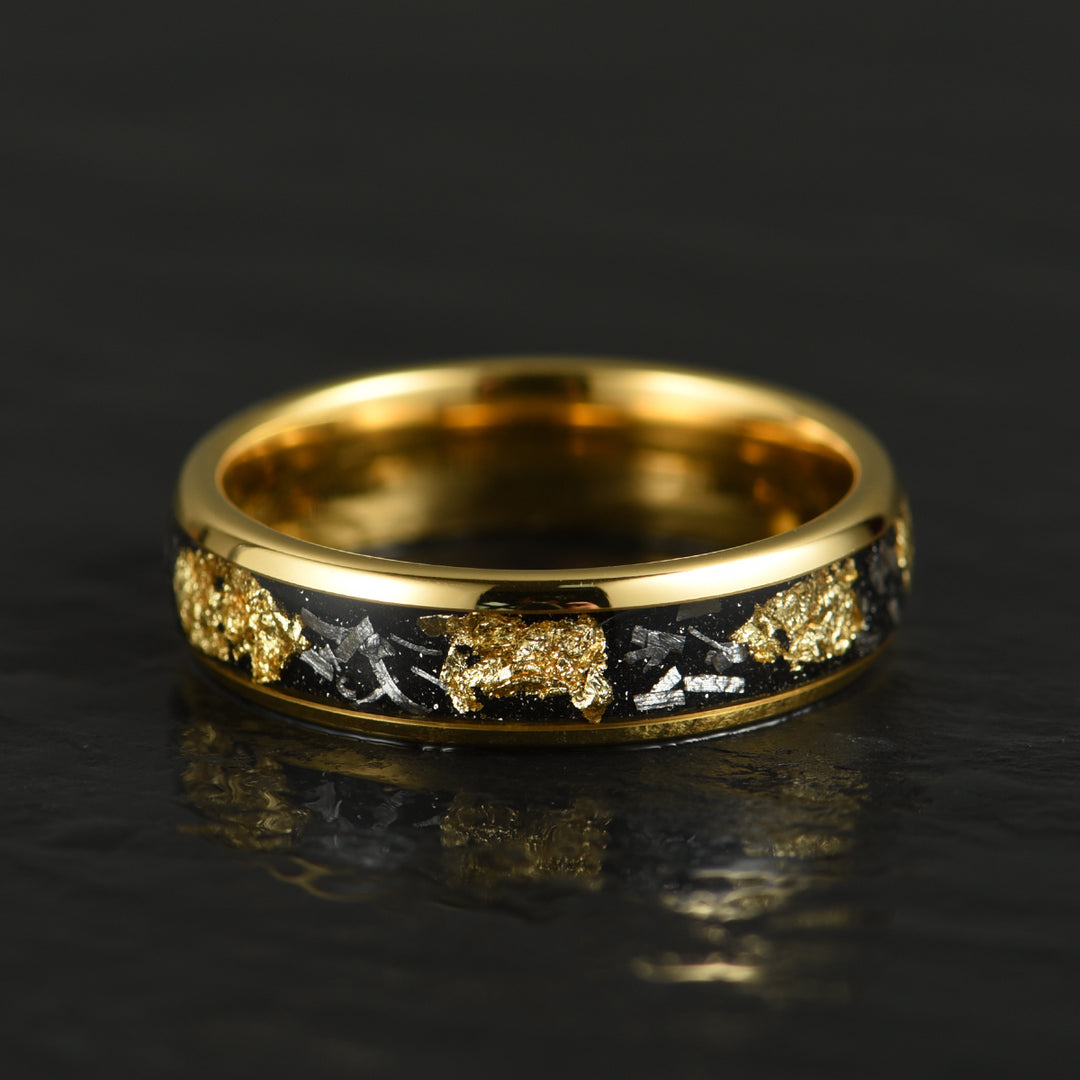 Yellow Tungsten Crushed Meteorite Gold Flake Wedding Band