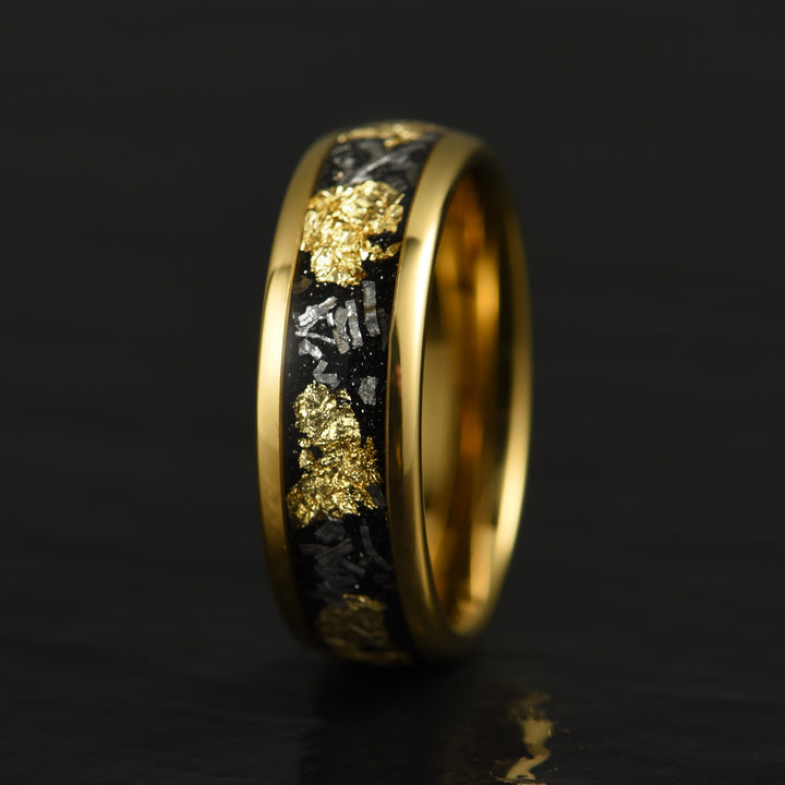 Yellow Tungsten Crushed Meteorite Gold Flake Wedding Band