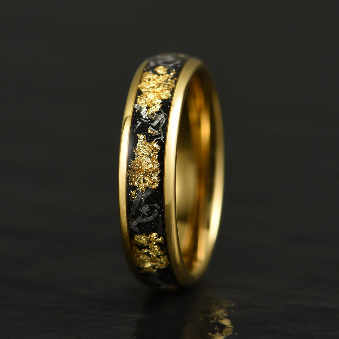 Yellow Tungsten Crushed Meteorite Gold Flake Wedding Band