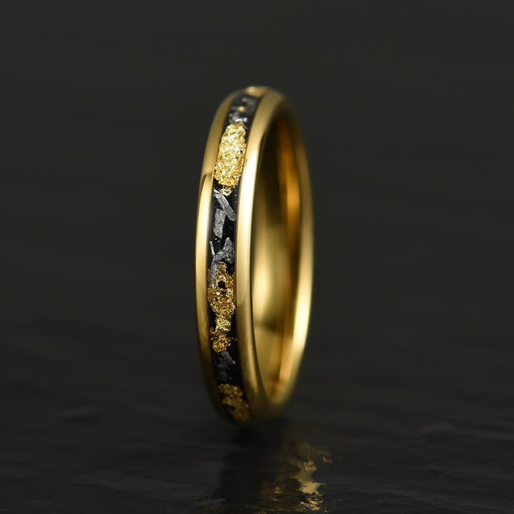 Yellow Tungsten Crushed Meteorite Gold Flake Wedding Band