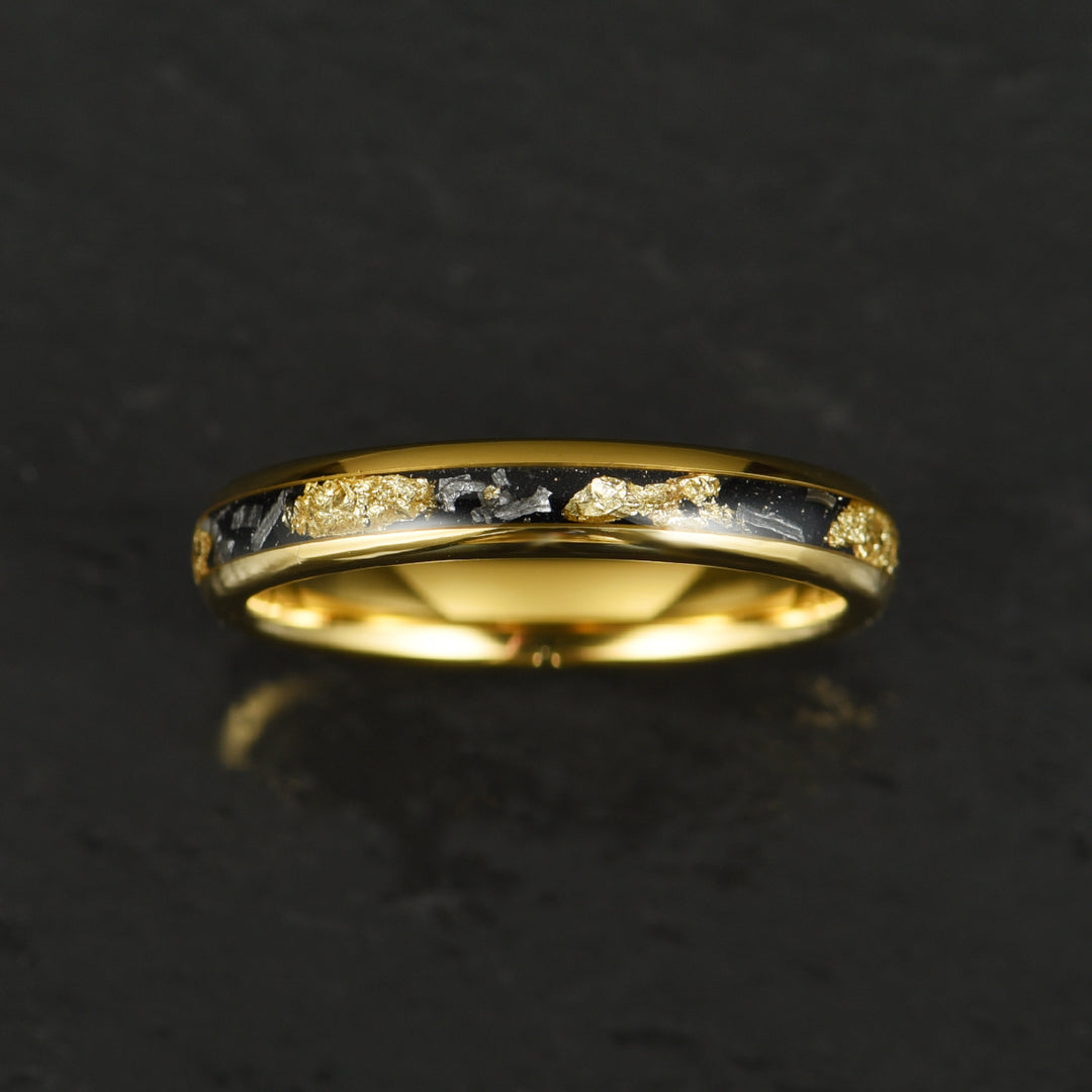 Yellow Tungsten Crushed Meteorite Gold Flake Wedding Band