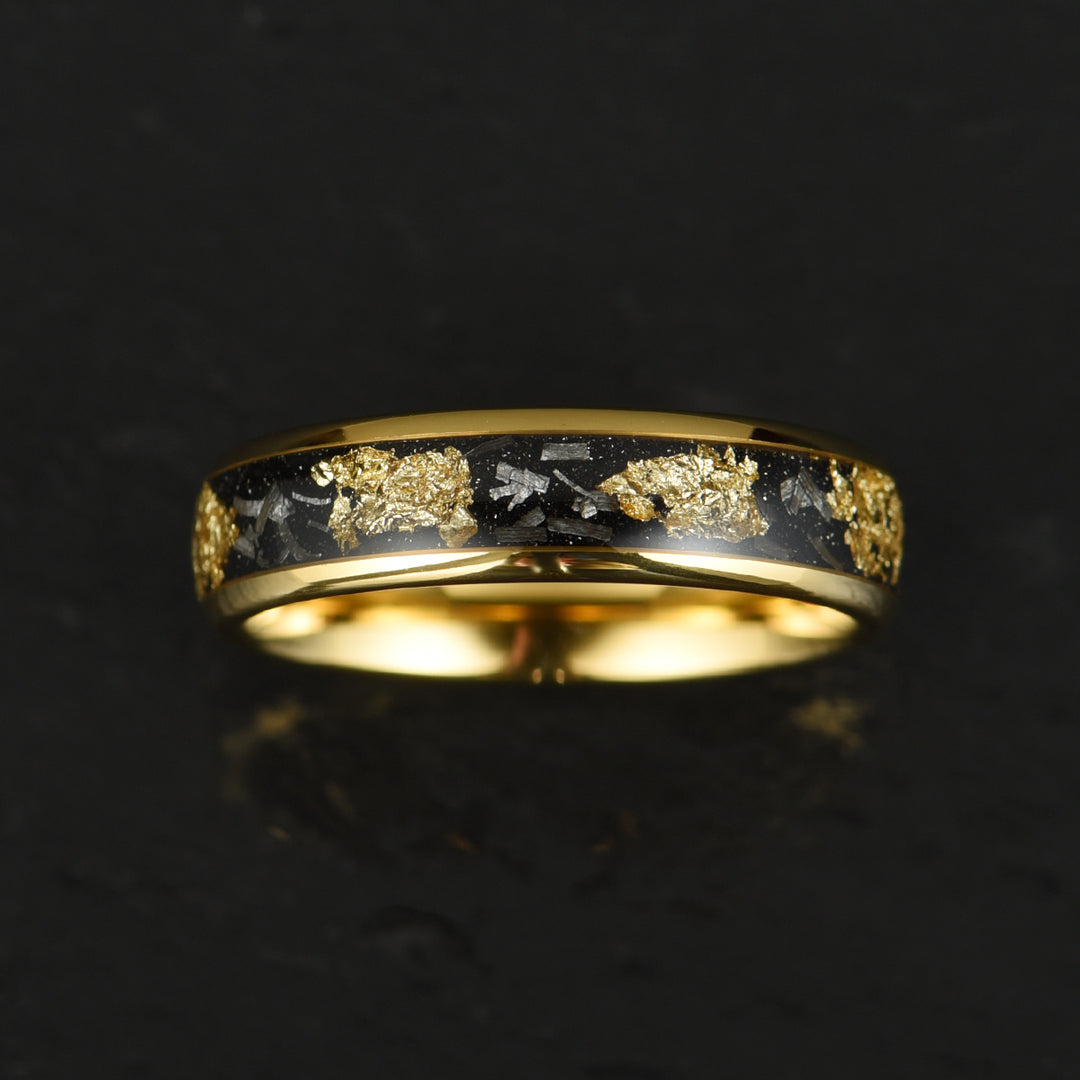 Yellow Tungsten Crushed Meteorite Gold Flake Wedding Band