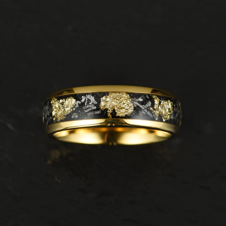 Yellow Tungsten Crushed Meteorite Gold Flake Wedding Band