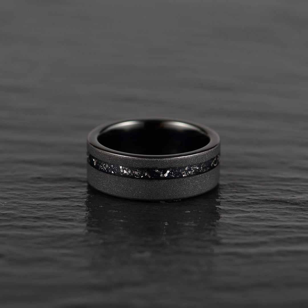 Black Meteorite Band - Muonionalusta Meteorite, Rustic Sandblasted Finish, Tungsten Men's Ring 8MM