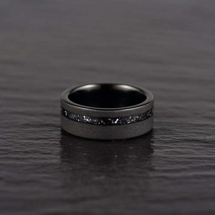 Black Meteorite Ring - Sandblasted Tungsten Crushed Meteorite 8MM, 4MM