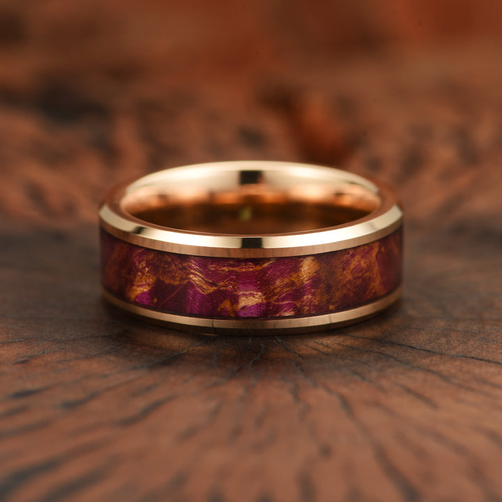 Purple Haze Ring - Rose Tungsten Box Elder Wood Men's Wedding Band 6MM